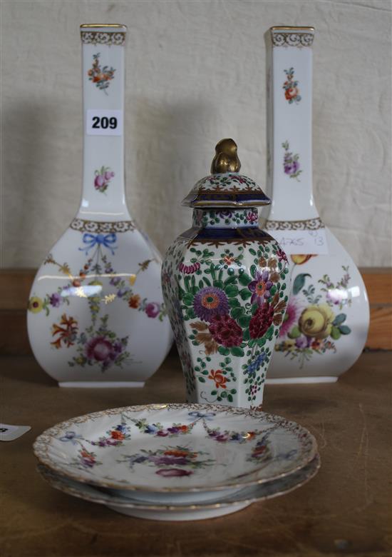 Two pairs of German square bottle shaped vases and a pair of similar dishes and lidded Samson vase and cover